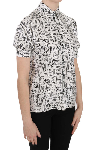 Dolce &amp; Gabbana Elegante blusa de seda con estampado de trompeta