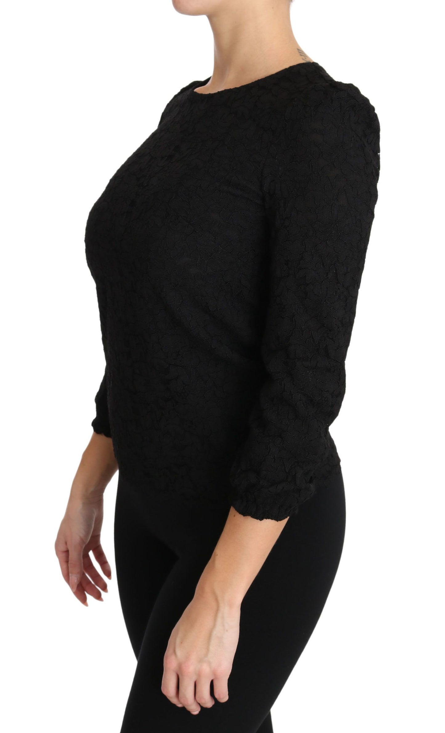 Dolce &amp; Gabbana Elegante blusa negra con cuello redondo y estampado floral