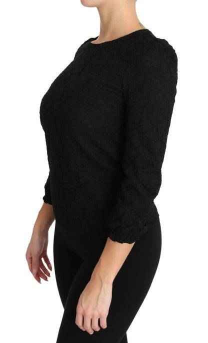 Dolce &amp; Gabbana Elegante blusa negra con cuello redondo y estampado floral
