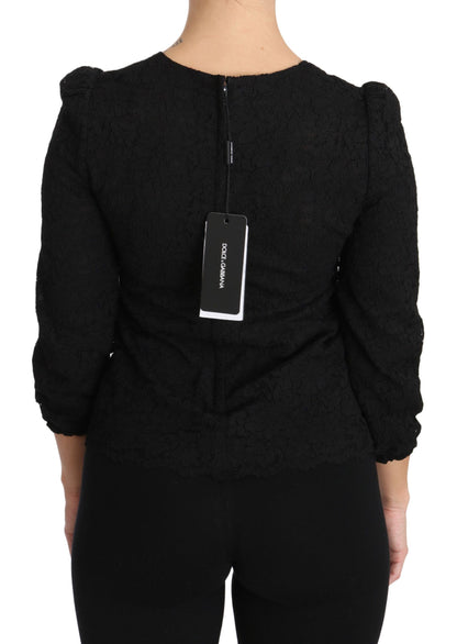 Dolce &amp; Gabbana Elegante blusa negra con cuello redondo y estampado floral