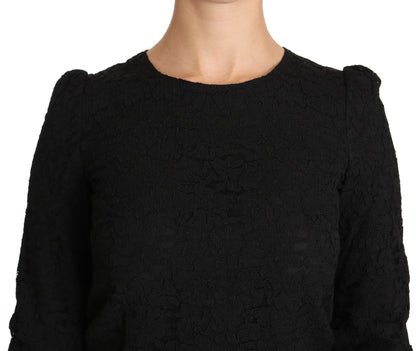 Dolce &amp; Gabbana Elegante blusa negra con cuello redondo y estampado floral