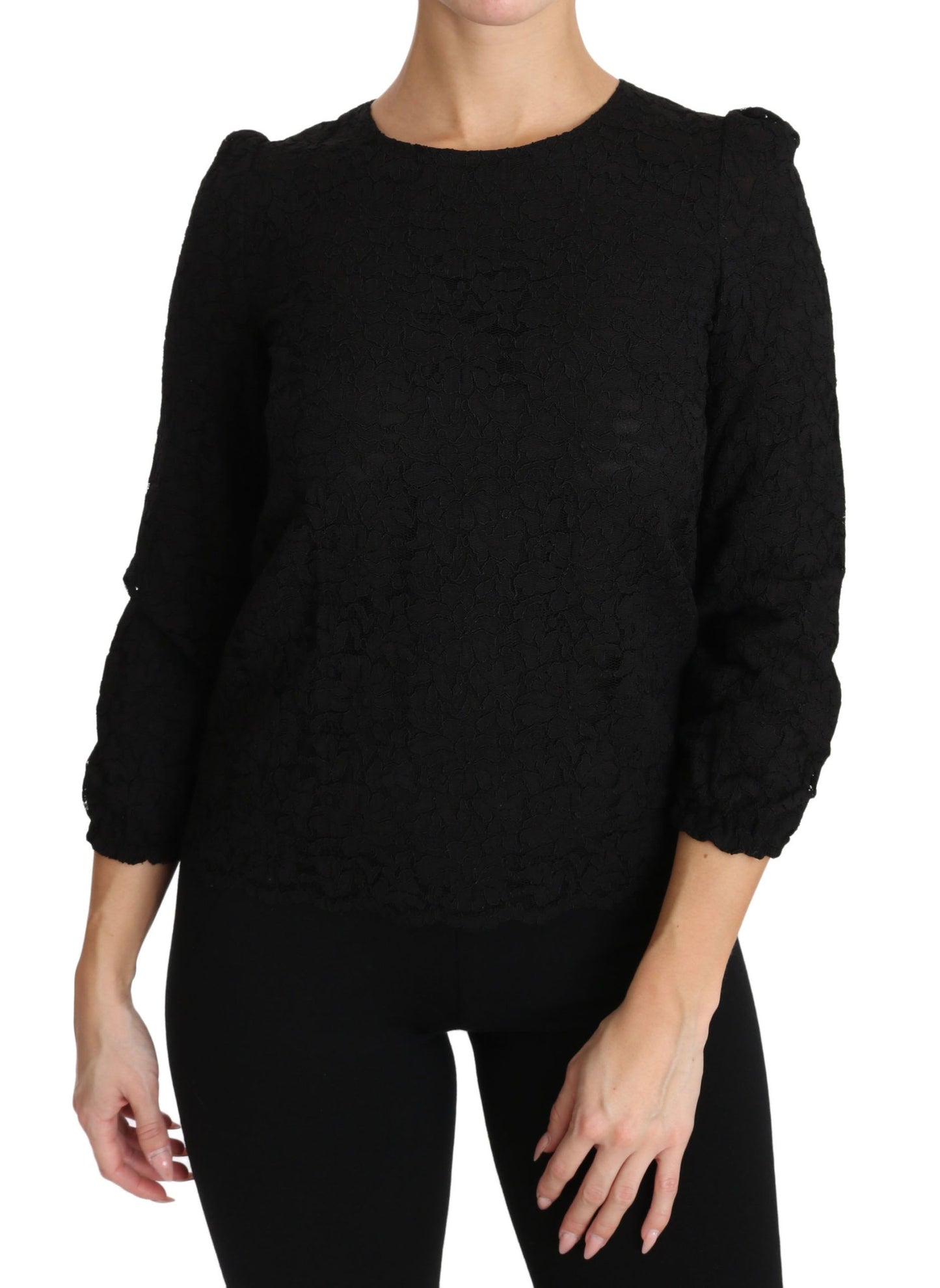 Dolce &amp; Gabbana Elegante blusa negra con cuello redondo y estampado floral