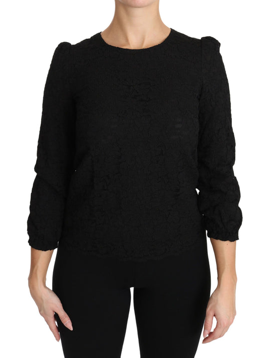 Dolce &amp; Gabbana Elegante blusa negra con cuello redondo y estampado floral