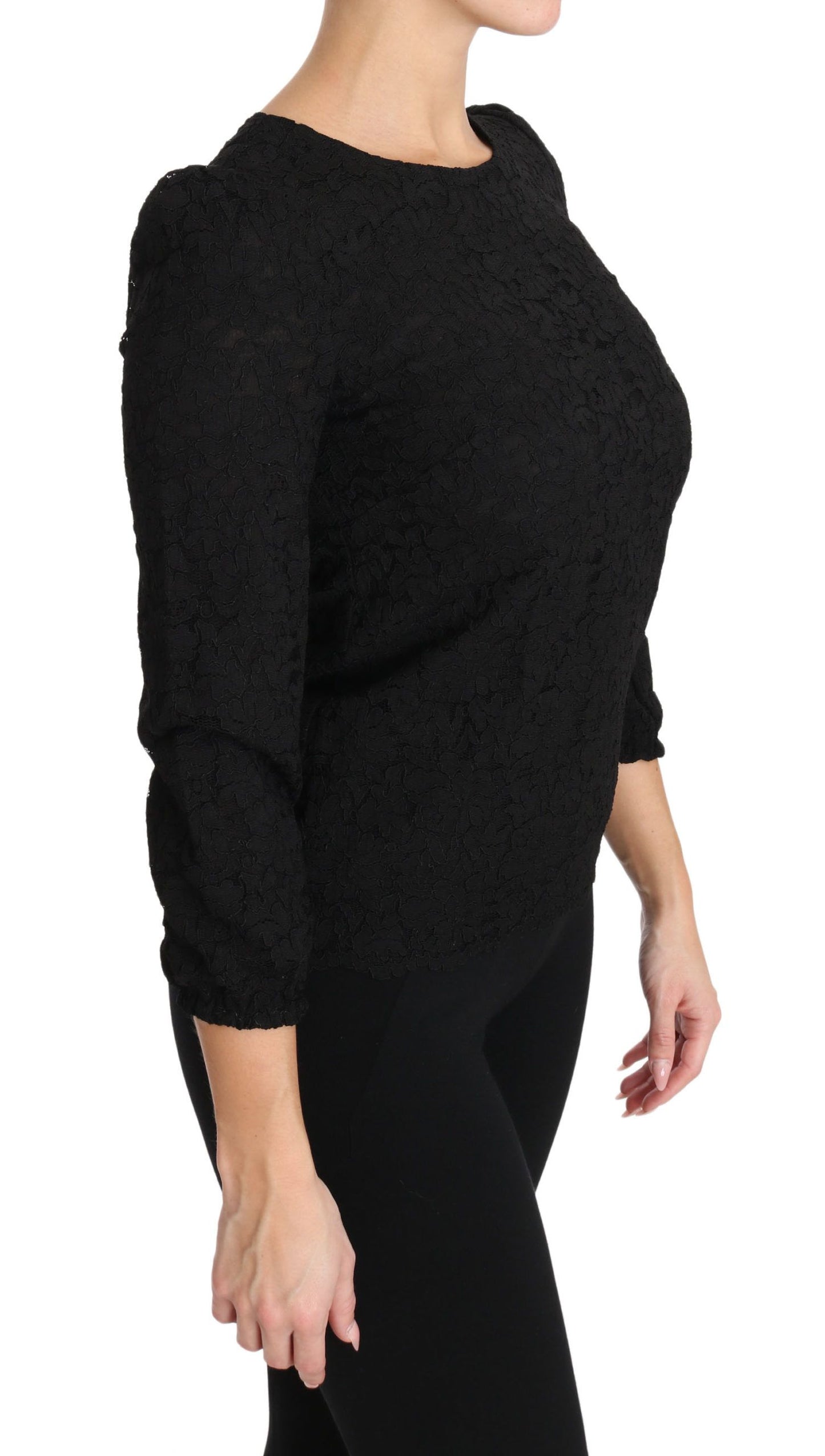 Dolce &amp; Gabbana Elegante blusa negra con cuello redondo y estampado floral