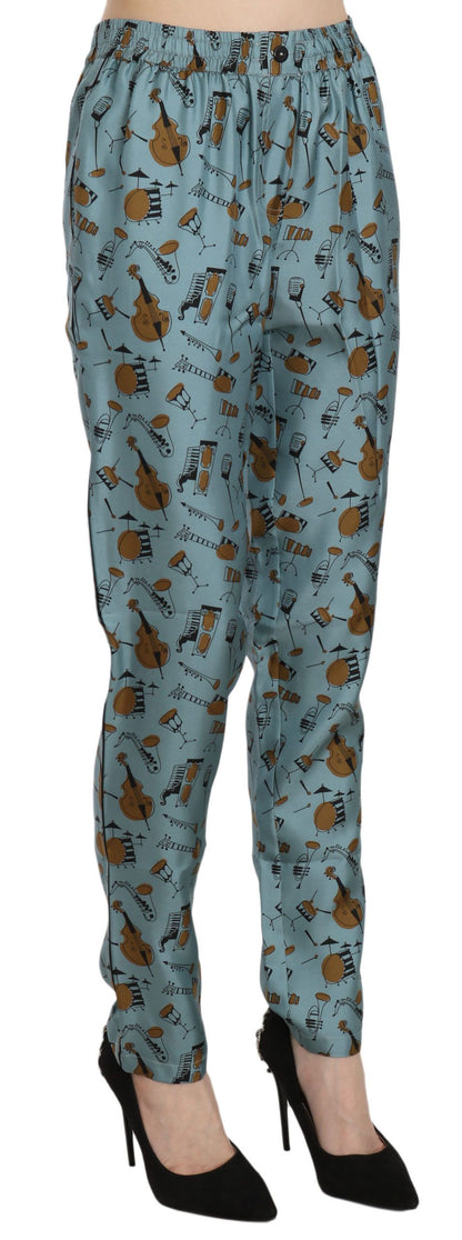 Dolce &amp; Gabbana Pantalones cónicos de seda con estampado azul y cintura alta