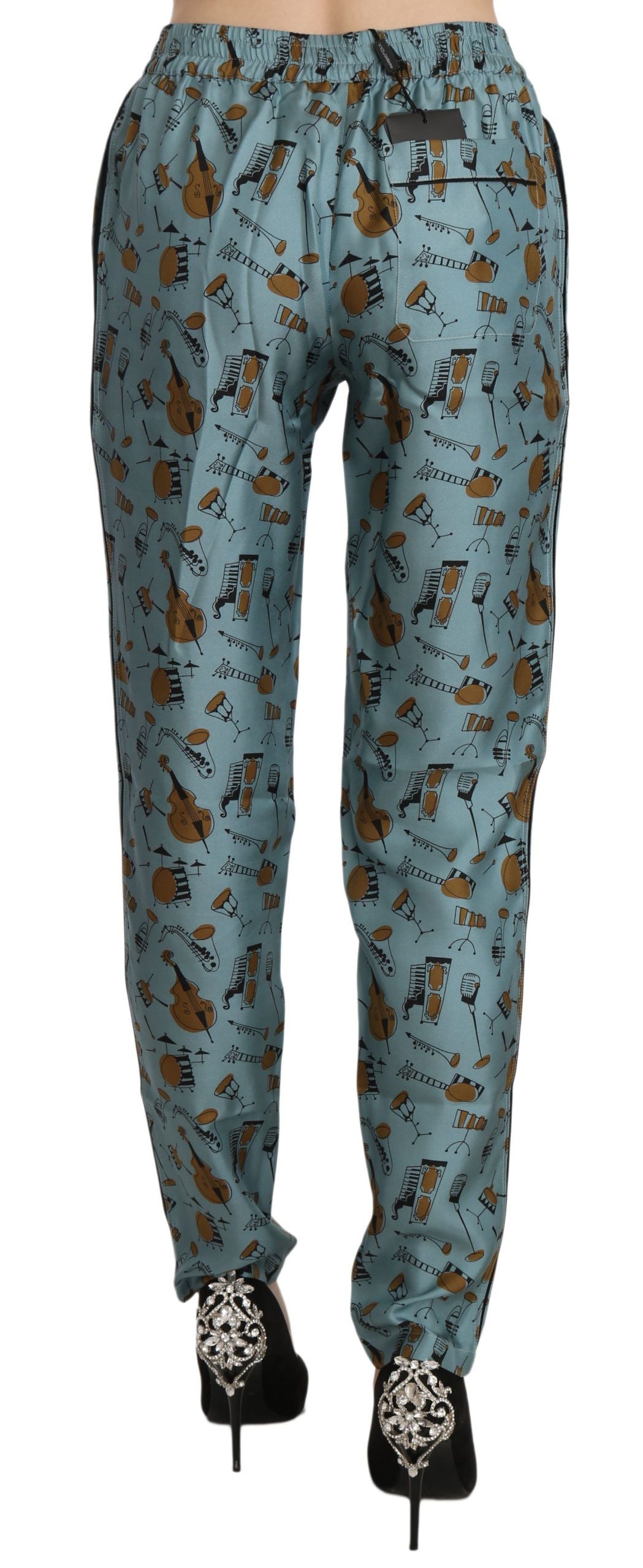 Dolce &amp; Gabbana Pantalones cónicos de seda con estampado azul y cintura alta