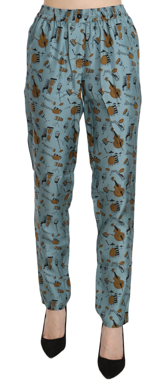 Dolce &amp; Gabbana Pantalones cónicos de seda con estampado azul y cintura alta