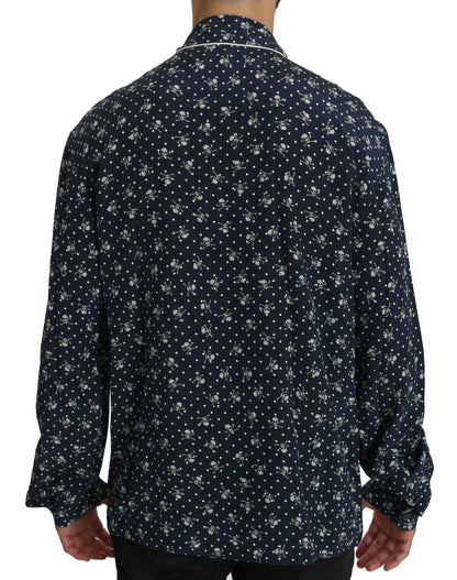 Dolce &amp; Gabbana Silken Elegance: Camisa lounge con estampado de calaveras en azul