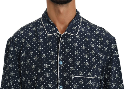 Dolce &amp; Gabbana Silken Elegance: Camisa lounge con estampado de calaveras en azul