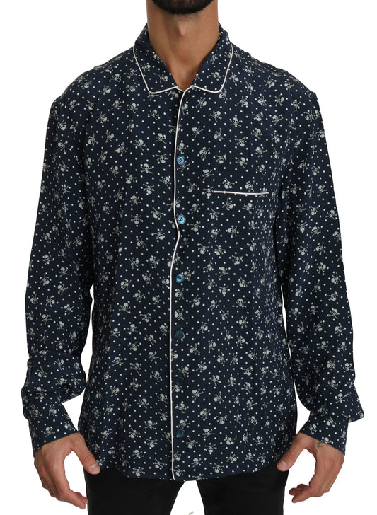 Dolce &amp; Gabbana Silken Elegance: Camisa lounge con estampado de calaveras en azul