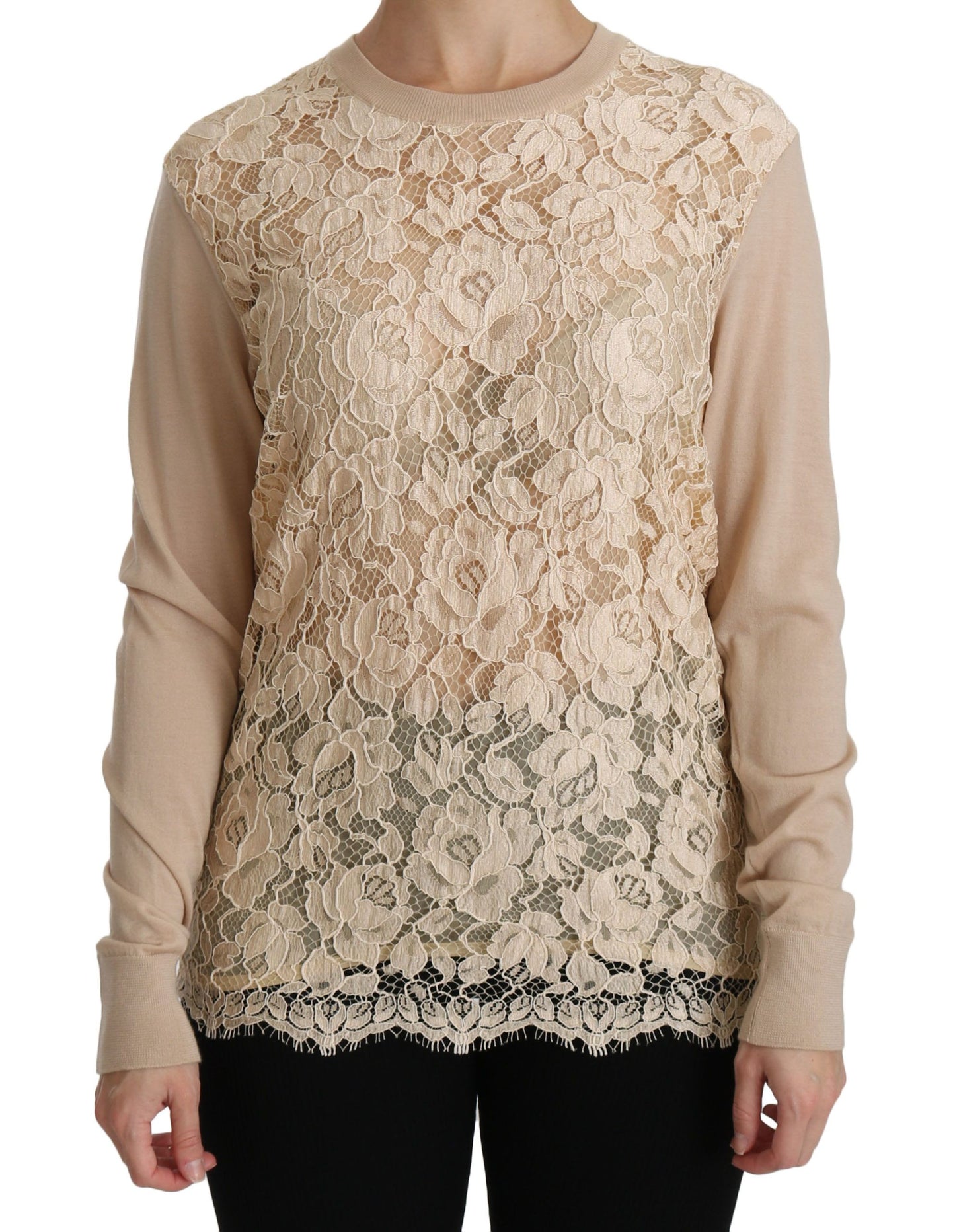 Dolce &amp; Gabbana Elegante blusa de cachemira con cuello redondo y encaje beige
