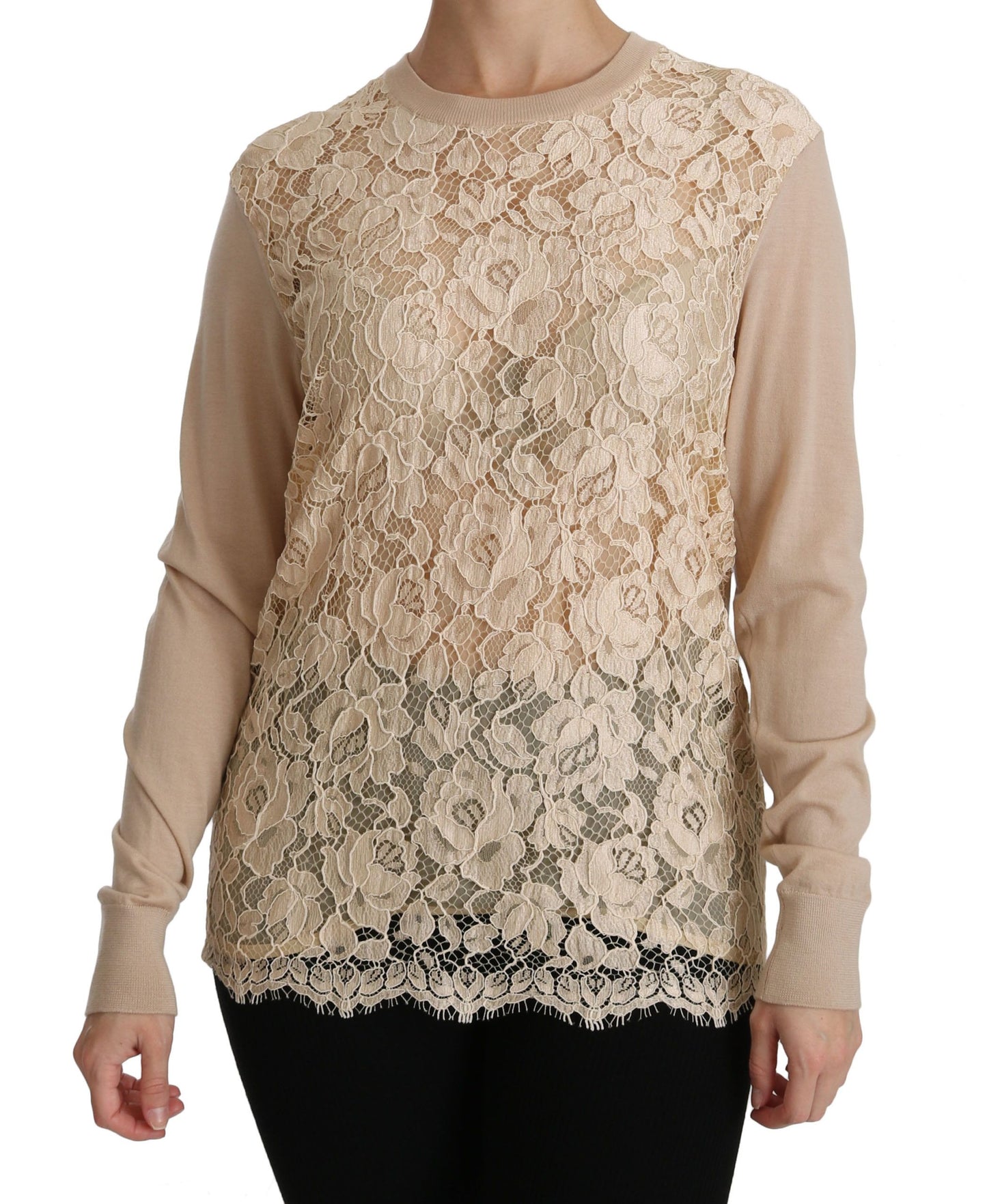 Dolce &amp; Gabbana Elegante blusa de cachemira con cuello redondo y encaje beige