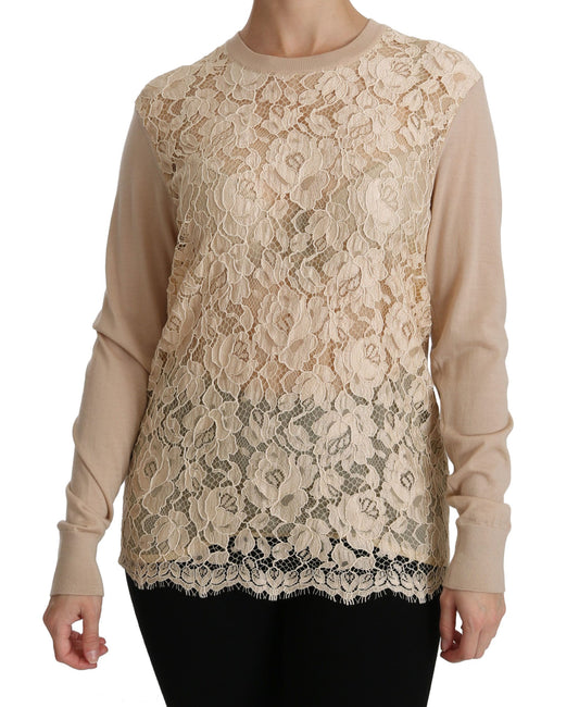 Dolce &amp; Gabbana Elegante blusa de cachemira con cuello redondo y encaje beige