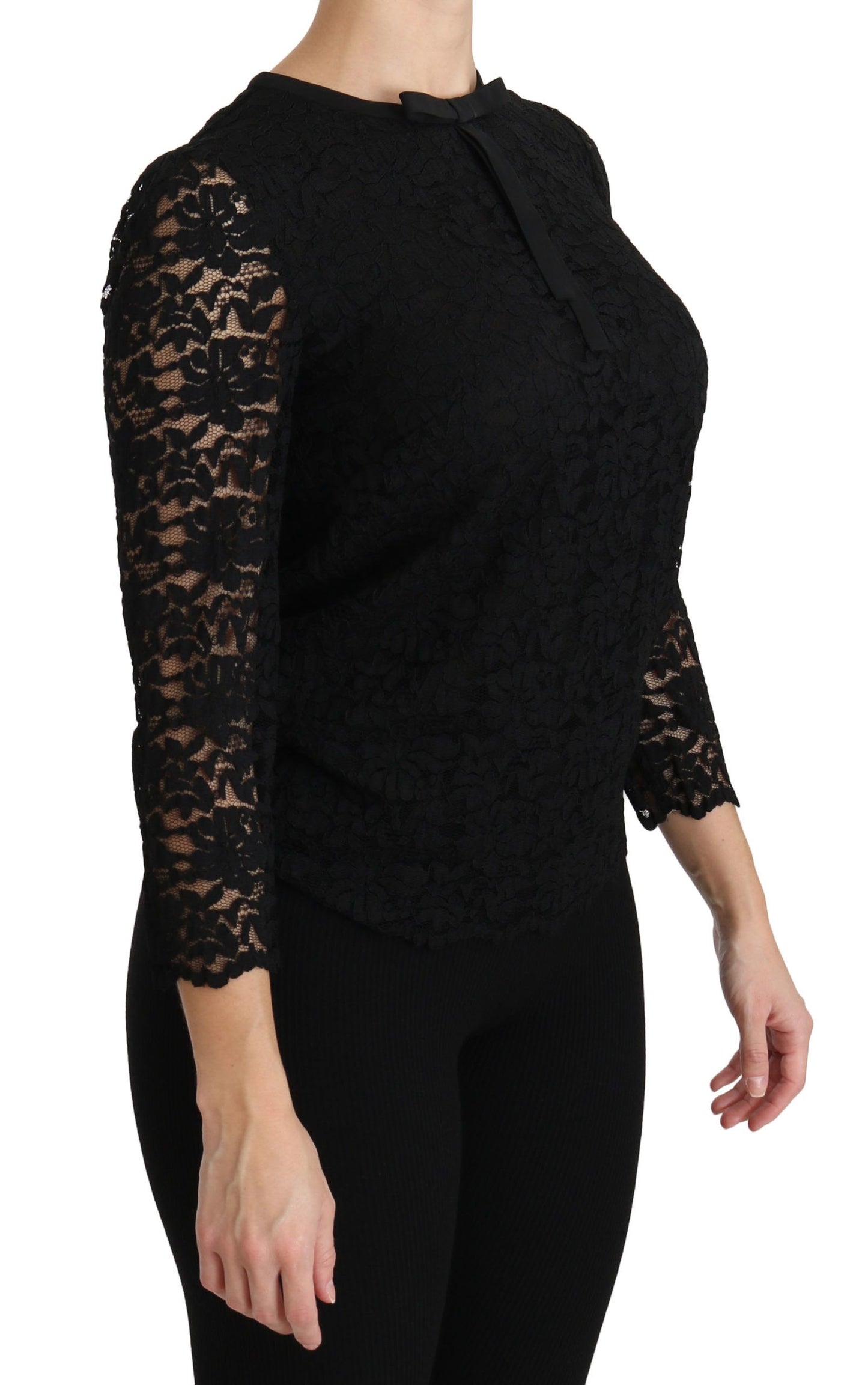 Dolce &amp; Gabbana Elegante blusa negra con cuello redondo y encaje