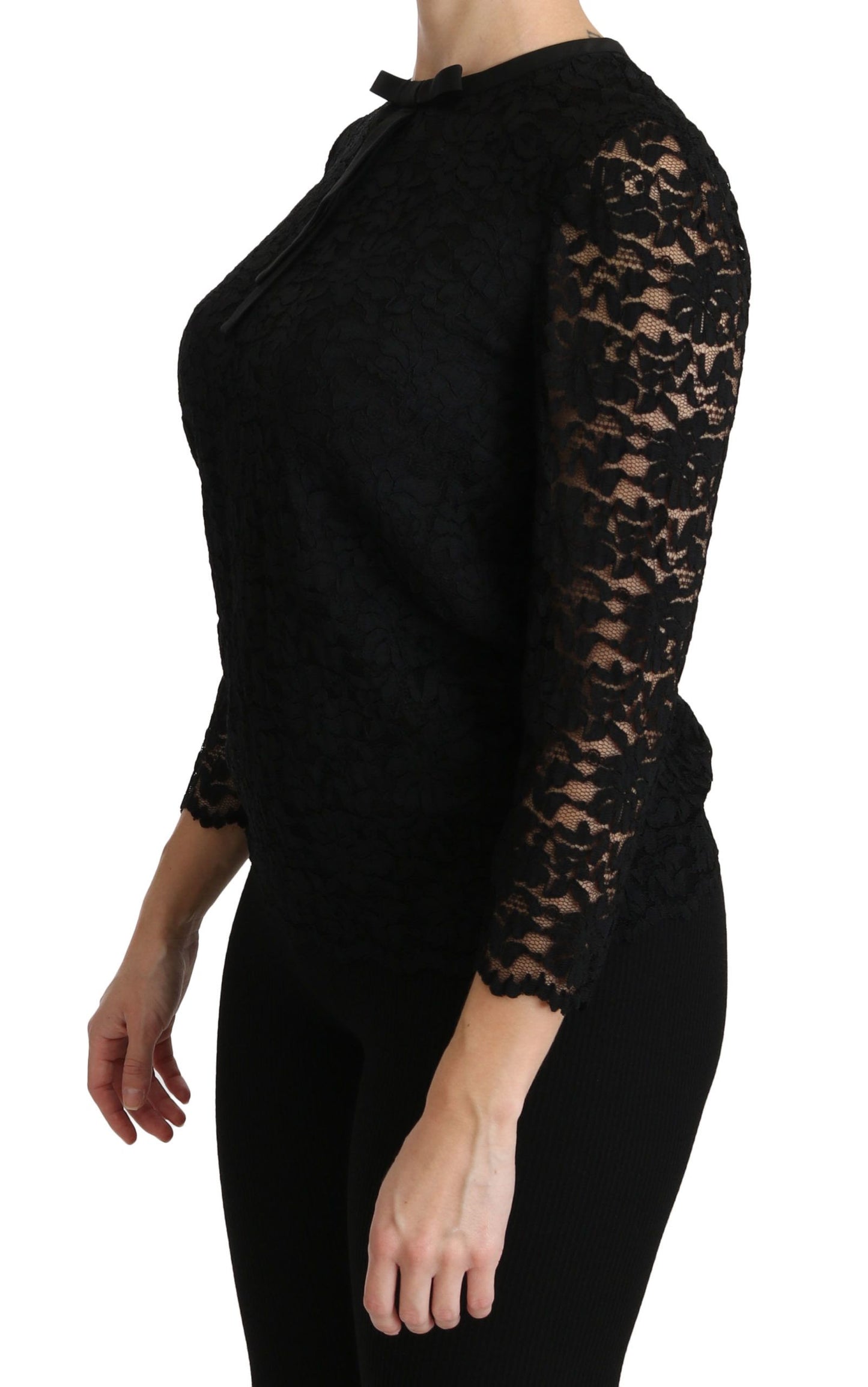 Dolce &amp; Gabbana Elegante blusa negra con cuello redondo y encaje