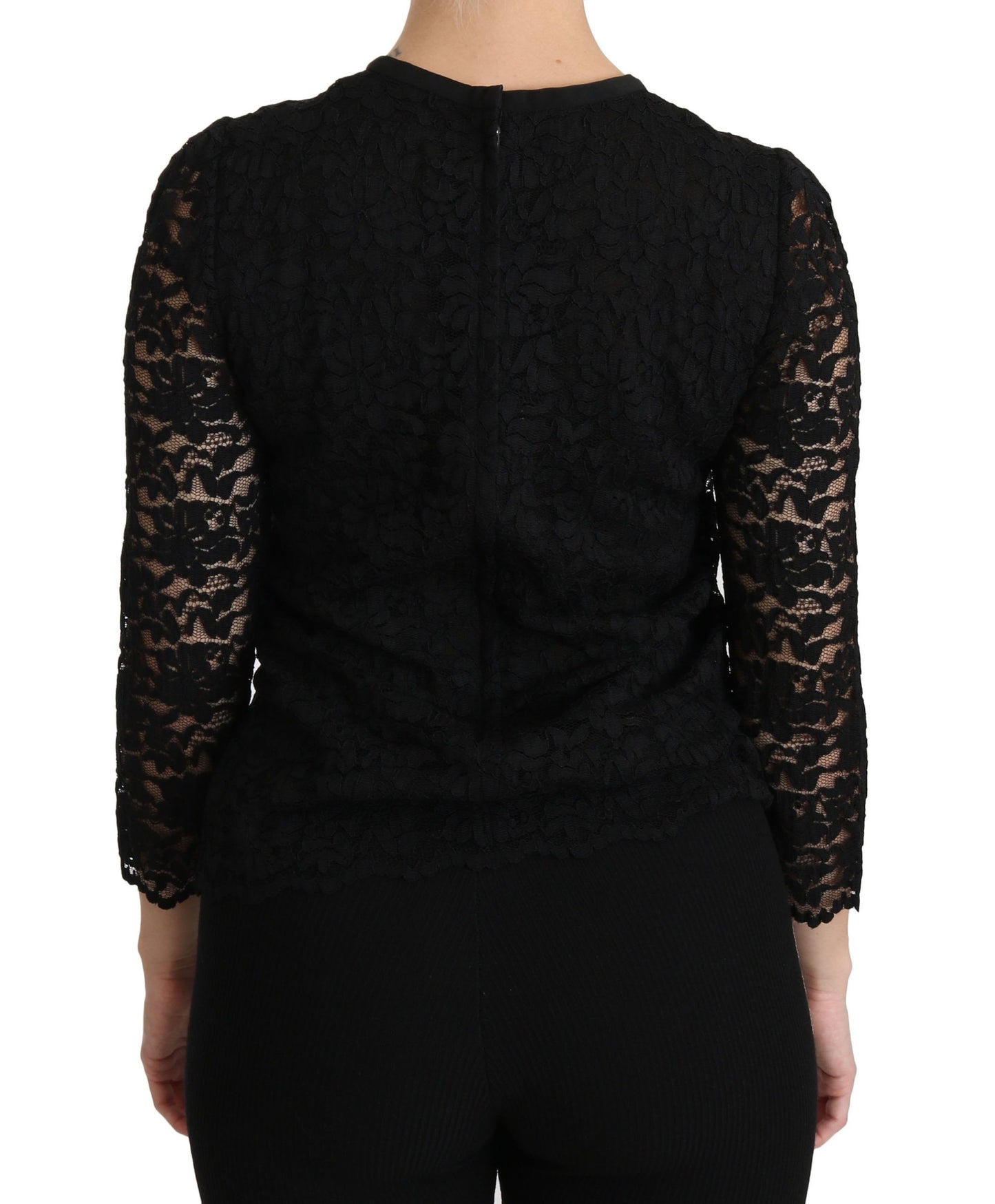 Dolce &amp; Gabbana Elegante blusa negra con cuello redondo y encaje