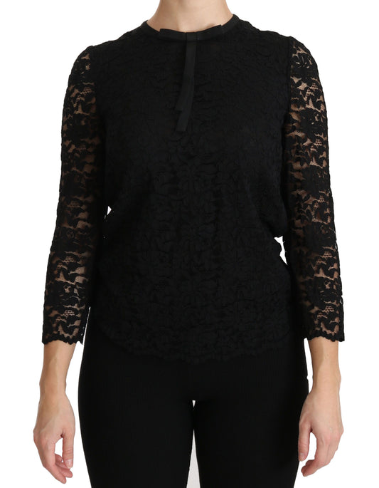 Dolce &amp; Gabbana Elegante blusa negra con cuello redondo y encaje