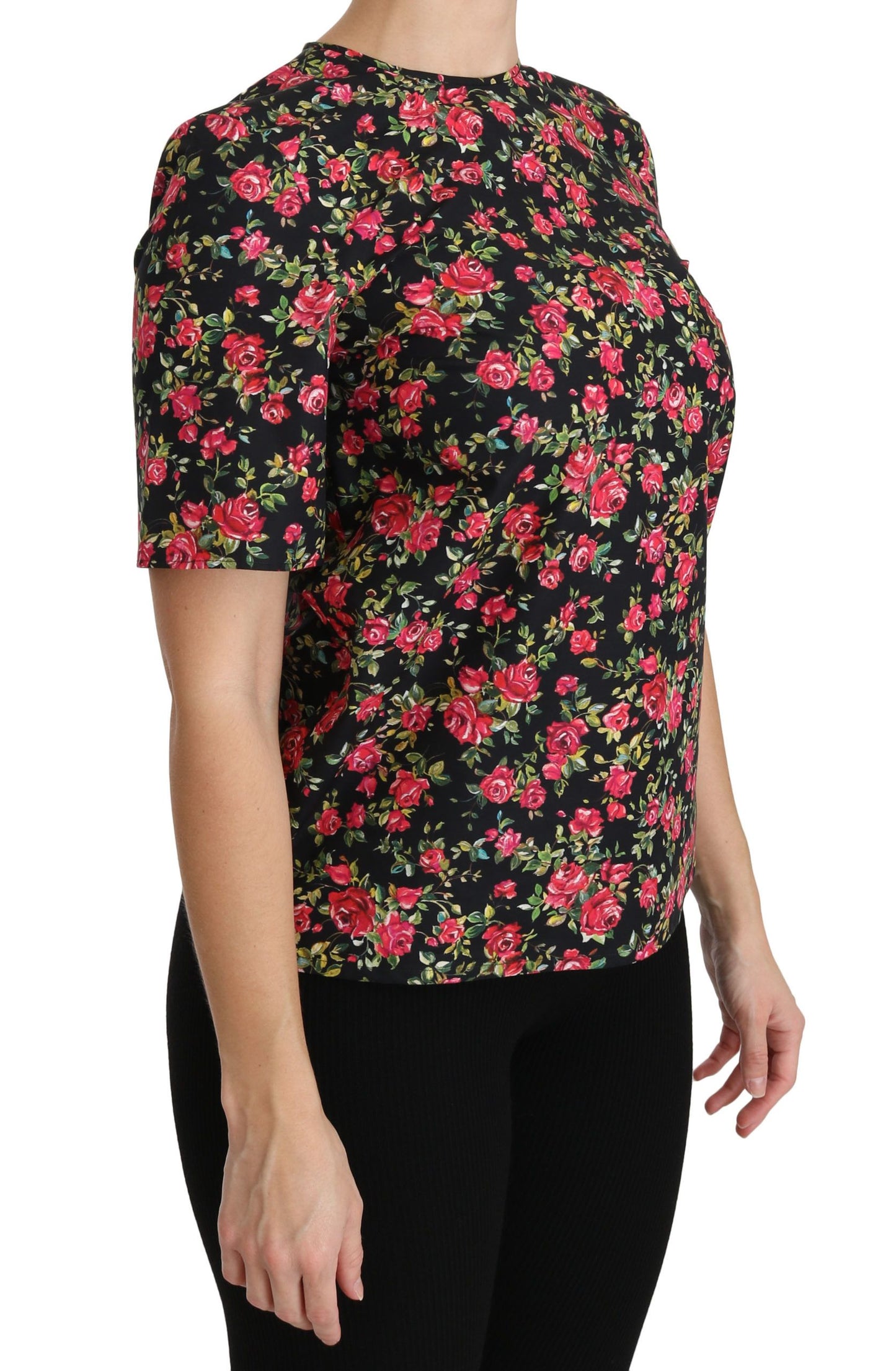 Dolce &amp; Gabbana Elegante top con cuello redondo y estampado floral negro