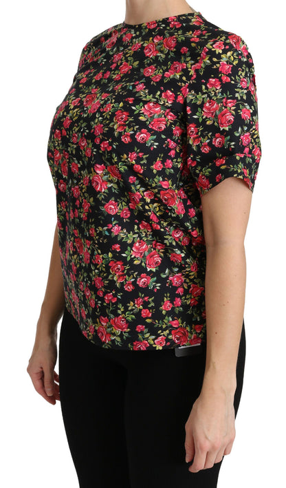 Dolce &amp; Gabbana Elegante top con cuello redondo y estampado floral negro