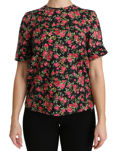 Dolce &amp; Gabbana Elegante top con cuello redondo y estampado floral negro