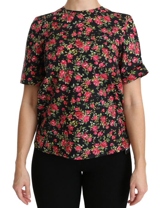 Dolce &amp; Gabbana Elegante top con cuello redondo y estampado floral negro