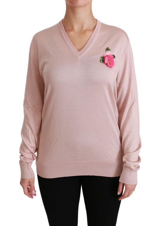 Dolce &amp; Gabbana Jersey de seda floral rosa con cuello en V