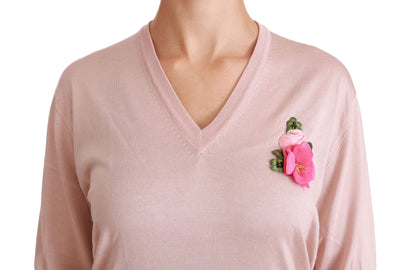Dolce &amp; Gabbana Jersey de seda floral rosa con cuello en V