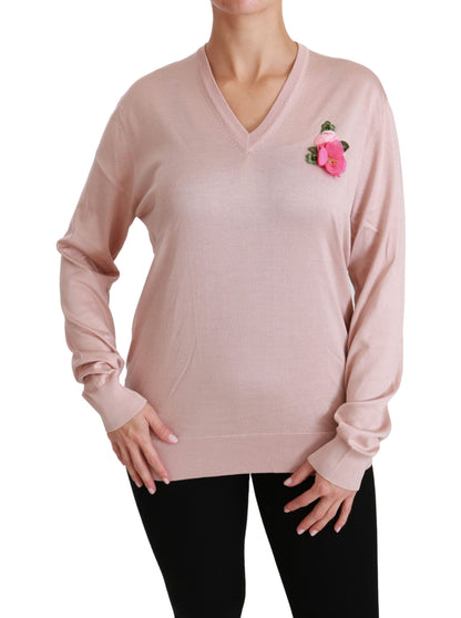 Dolce &amp; Gabbana Jersey de seda floral rosa con cuello en V