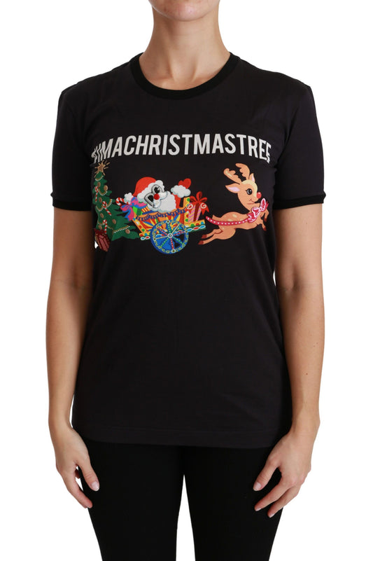 Dolce &amp; Gabbana Camiseta negra de algodón con cuello redondo y estampado único