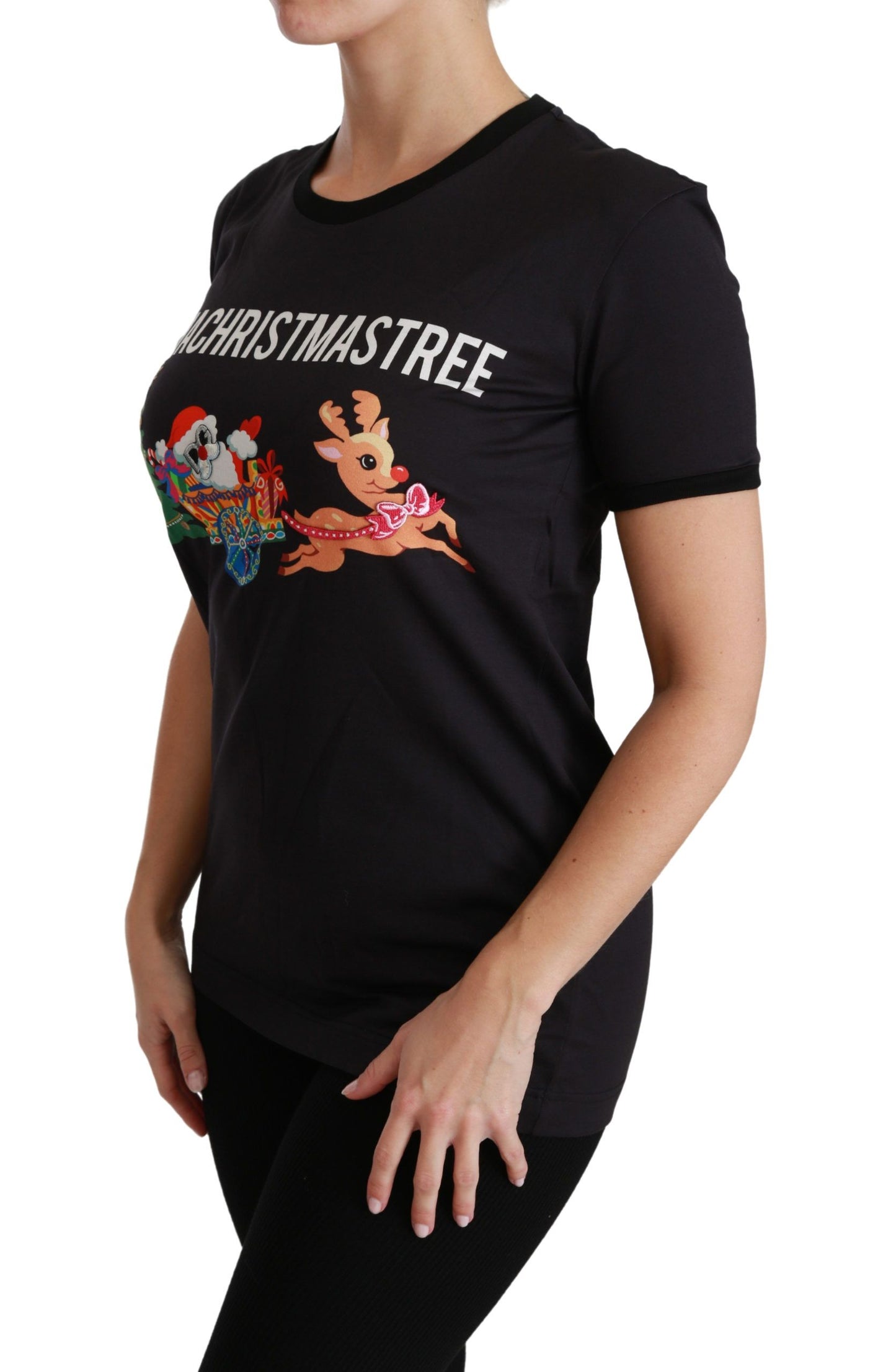 Dolce &amp; Gabbana Camiseta negra de algodón con cuello redondo y estampado único