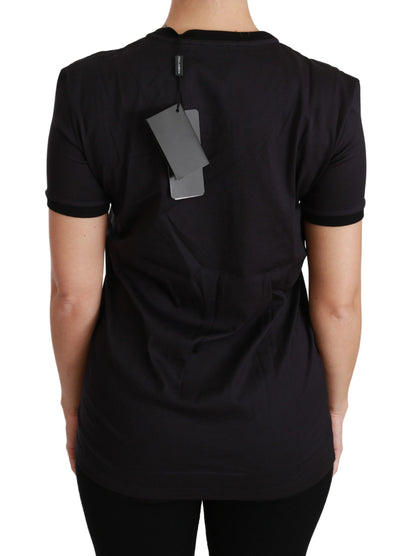 Dolce &amp; Gabbana Camiseta negra de algodón con cuello redondo y estampado único