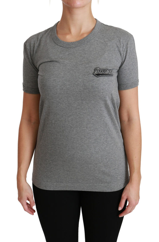 Dolce &amp; Gabbana Camiseta gris elegante con cuello redondo y parche Amore