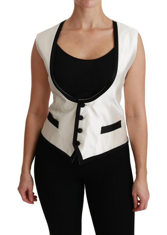 Dolce &amp; Gabbana Elegante chaleco sin mangas de seda en blanco y negro