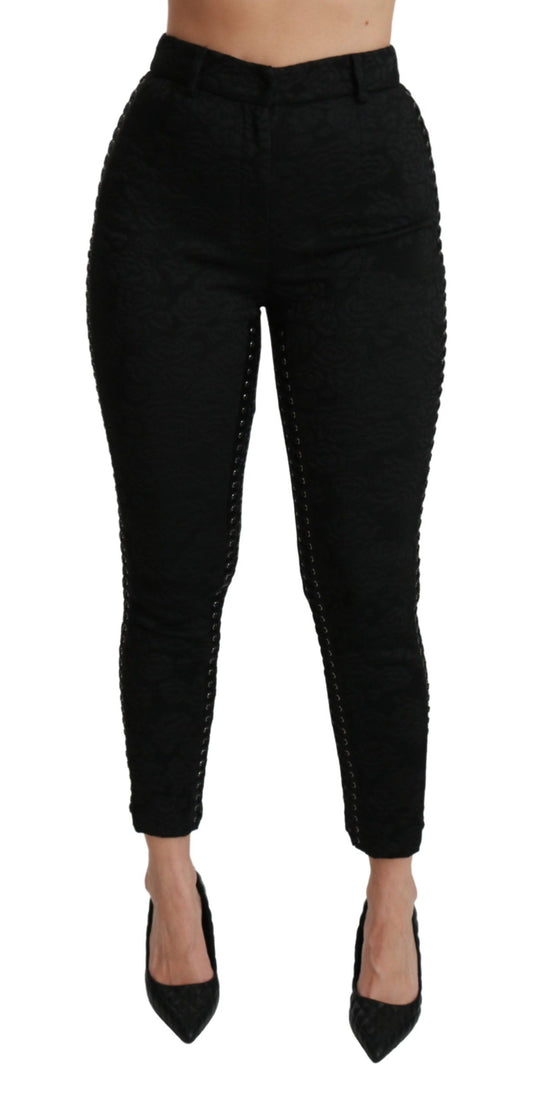 Dolce &amp; Gabbana Elegantes pantalones pitillo de brocado negro de cintura alta