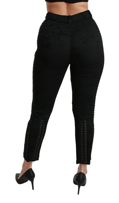 Dolce &amp; Gabbana Elegantes pantalones pitillo de brocado negro de cintura alta