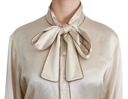 Dolce &amp; Gabbana Elegante blusa de satén de seda beige con bordado QUEEN