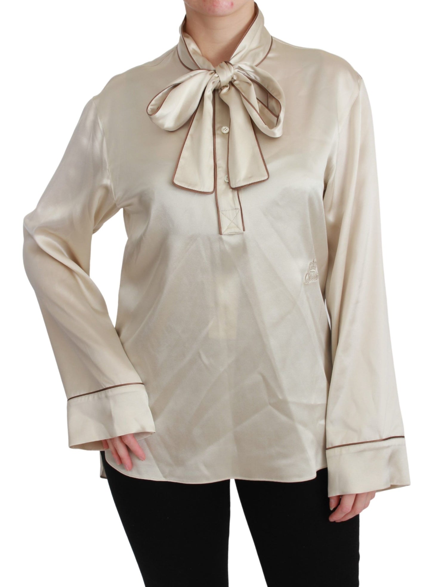 Dolce &amp; Gabbana Elegante blusa de satén de seda beige con bordado QUEEN
