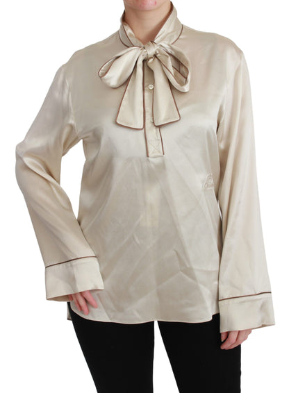 Dolce &amp; Gabbana Elegante blusa de satén de seda beige con bordado QUEEN