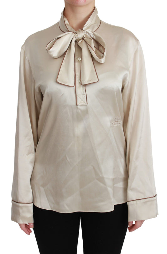 Dolce &amp; Gabbana Elegante blusa de satén de seda beige con bordado QUEEN