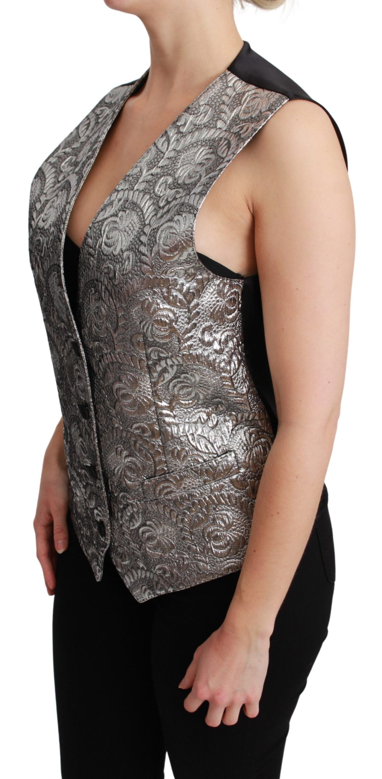 Dolce &amp; Gabbana Elegante chaleco brocado plateado sin mangas