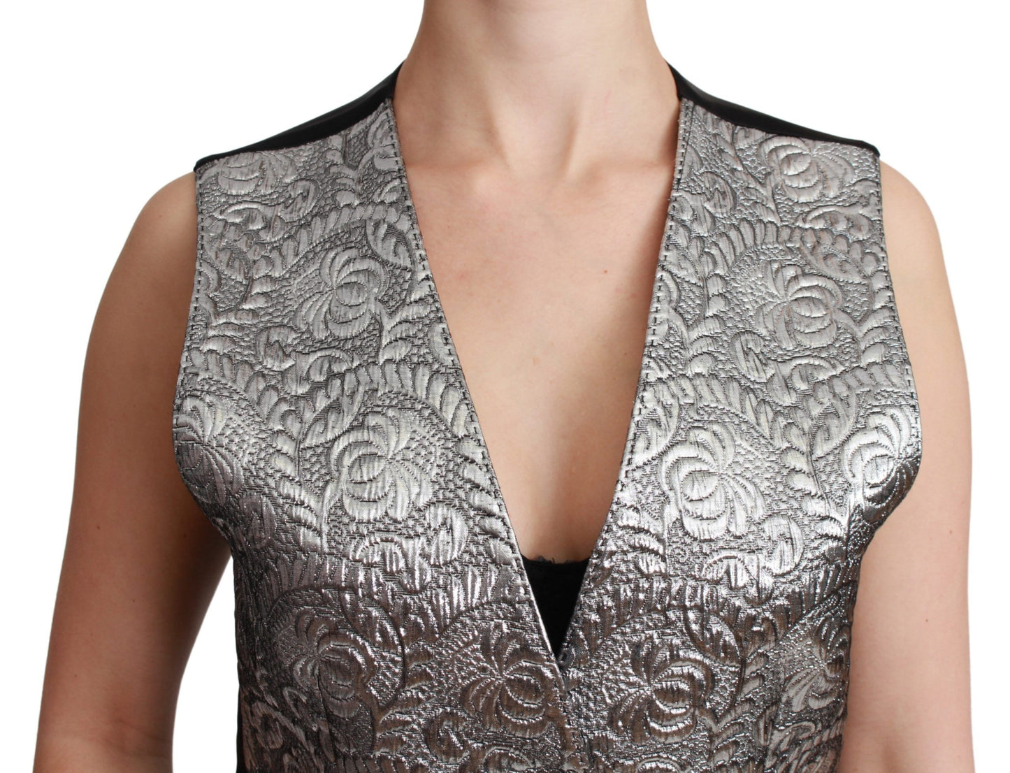 Dolce &amp; Gabbana Elegante chaleco brocado plateado sin mangas