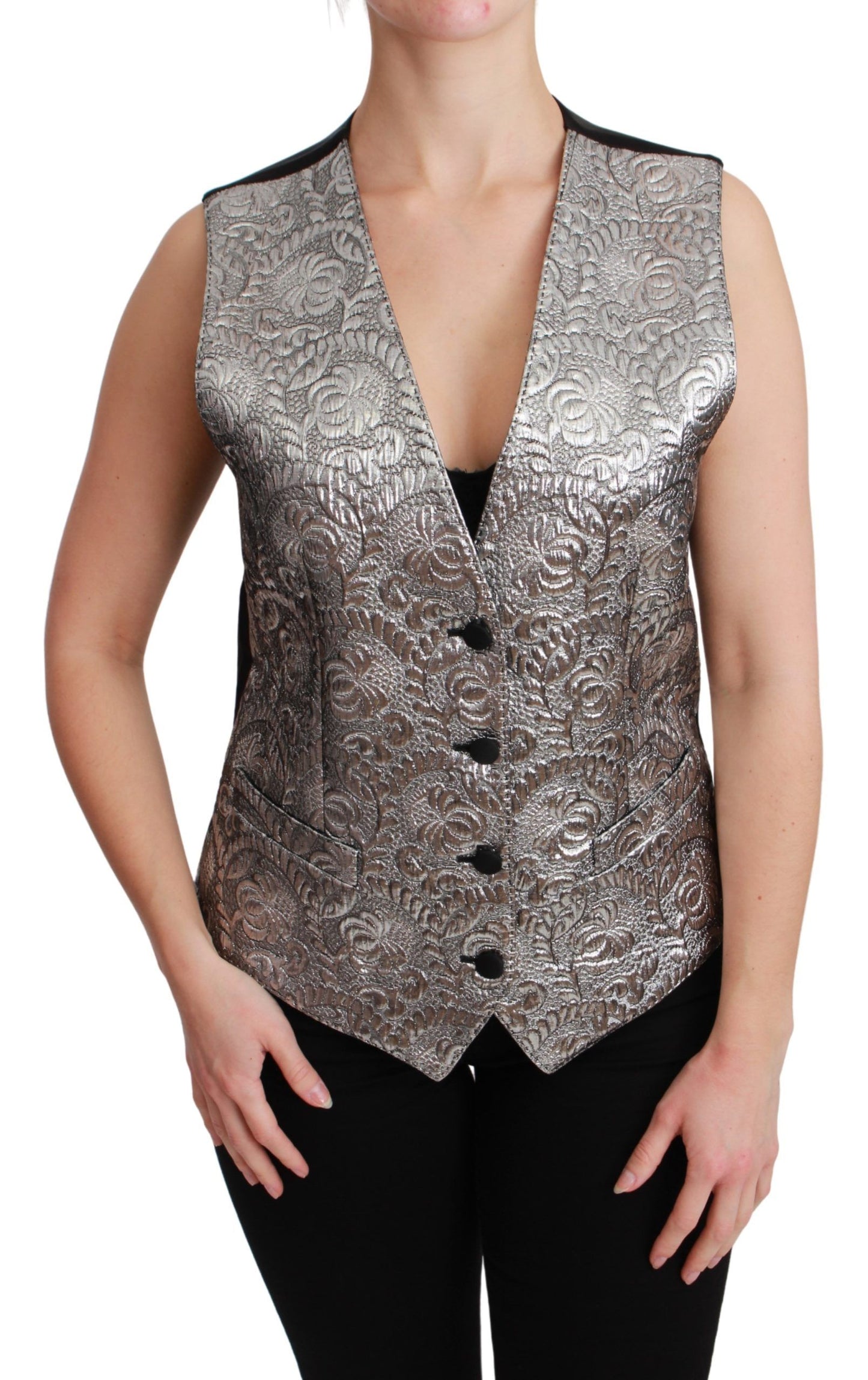 Dolce &amp; Gabbana Elegante chaleco brocado plateado sin mangas