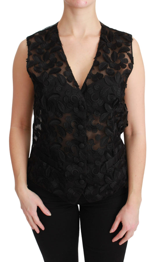 Dolce &amp; Gabbana Chaleco elegante de mezcla de seda negro floral