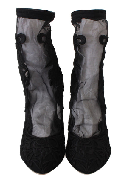 Dolce &amp; Gabbana Botines tipo calcetines con tacón de aguja y flores bordadas