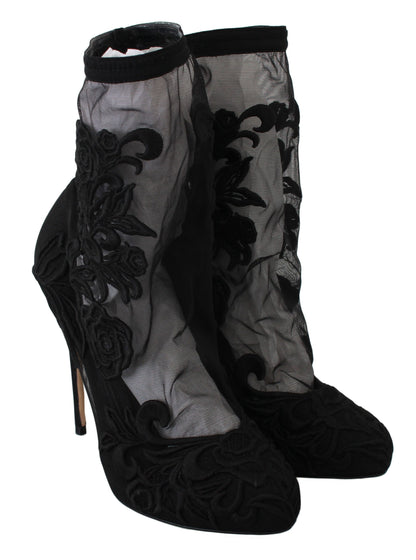 Dolce &amp; Gabbana Botines tipo calcetines con tacón de aguja y flores bordadas
