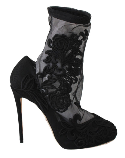Dolce &amp; Gabbana Botines tipo calcetines con tacón de aguja y flores bordadas