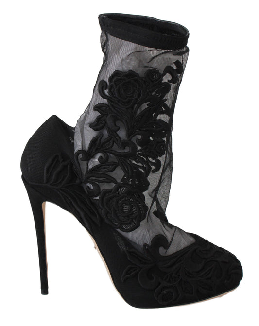 Dolce &amp; Gabbana Botines tipo calcetines con tacón de aguja y flores bordadas