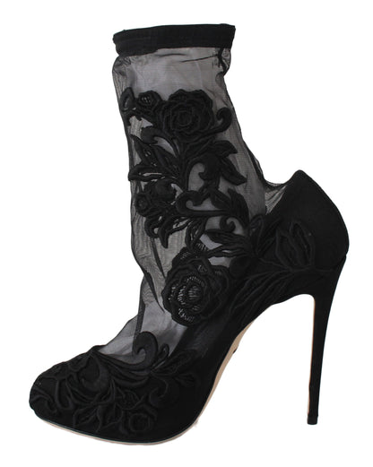 Dolce &amp; Gabbana Botines tipo calcetines con tacón de aguja y flores bordadas