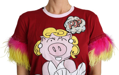 Dolce &amp; Gabbana Camiseta elegante con cuello redondo y estampado de cerdo rojo