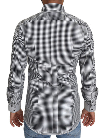 Dolce &amp; Gabbana Elegante camisa casual dorada a cuadros en blanco y negro